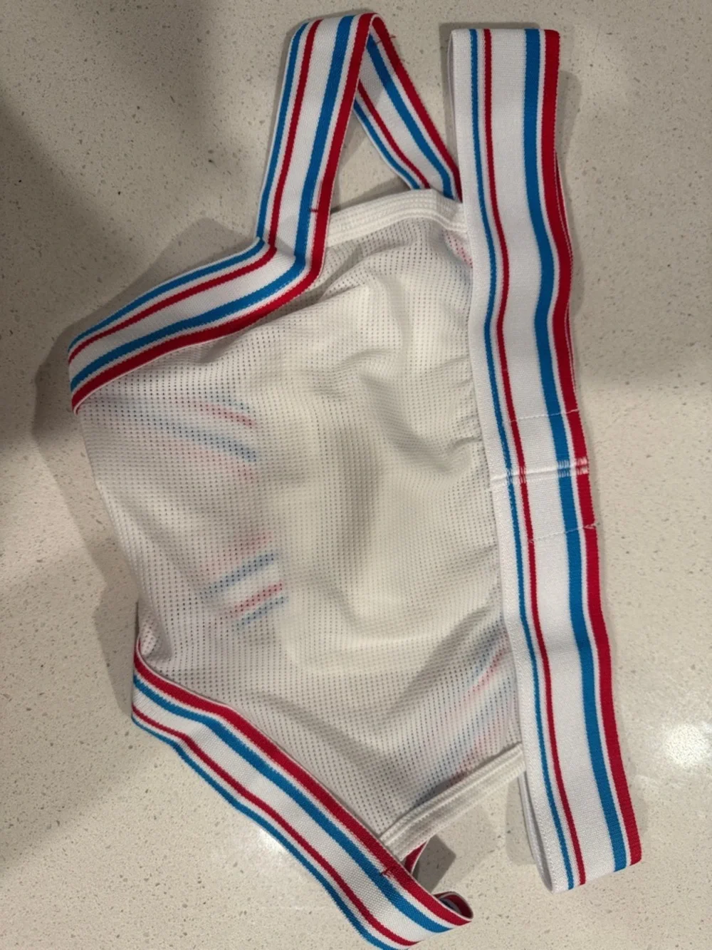 White Mesh Athletic Jockstrap with Red & Blue Striped Waistband